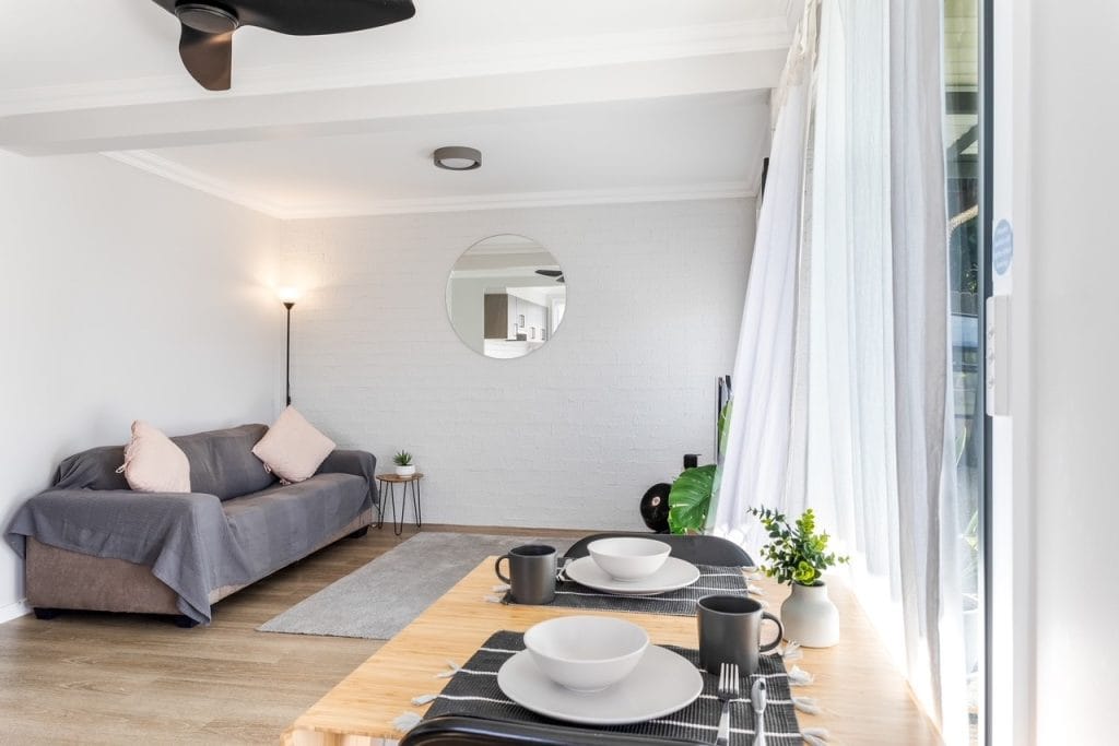 open-plan living and dining area in a newly built granny flat in Wollongong